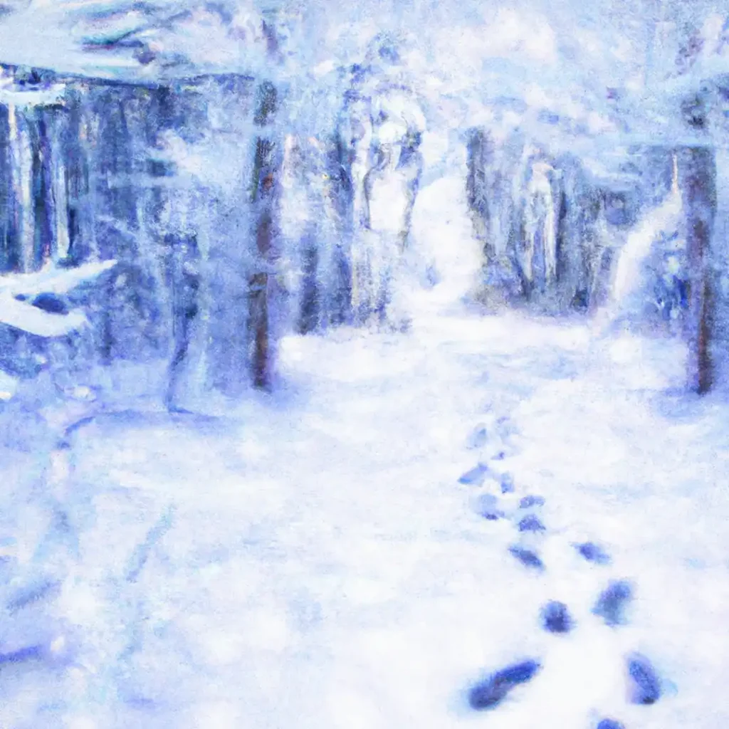 Footprints through a snowy forest
