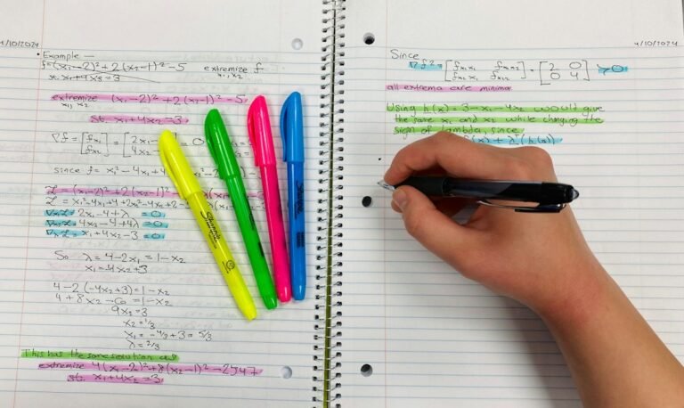 Literature study notes, colorful highlighters and pen