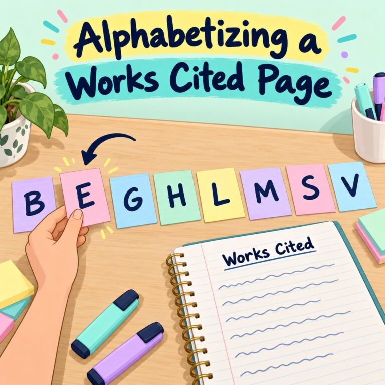 Pastel index cards lettered B to V being arranged in alphabetical order beside a notebook titled Works Cited