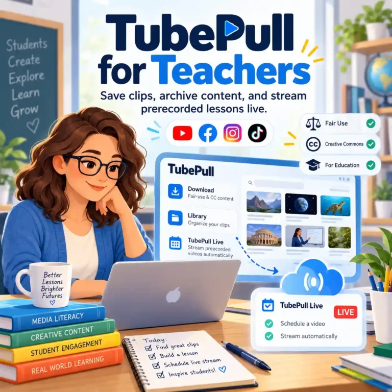 TubePull for teachers showing educational video downloads, a classroom video library, and scheduled prerecorded live streaming.